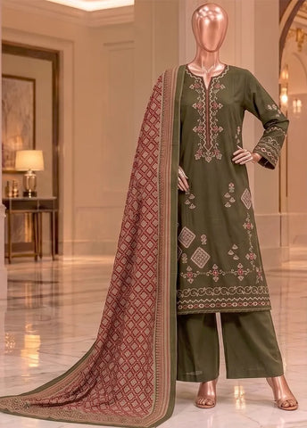 3 Piece Embroidered Stitched Dhani Green Color Khaddar Shirt with Trouser & Dupatta