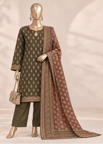 3 Piece Printed Stitched Olive Green Color Khaddar Shirt with Trouser & Dupatta