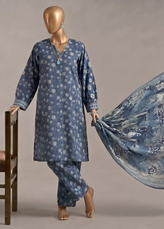 3 Piece Printed Stitched Blue Color Khaddar Shirt with Trouser & Dupatta