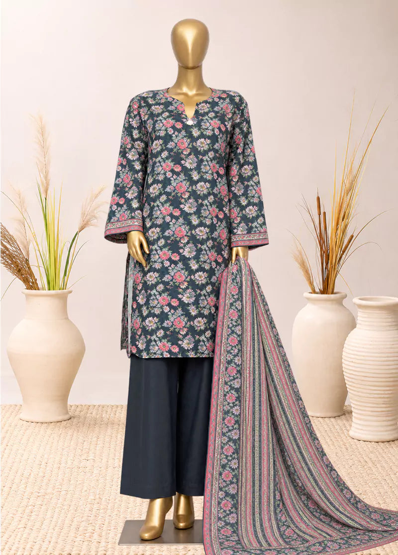 3 Piece Printed Stitched Dark Green Color Khaddar Shirt with Trouser & Dupatta