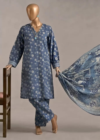 3 Piece Printed Stitched Blue Color Khaddar Shirt with Trouser & Dupatta
