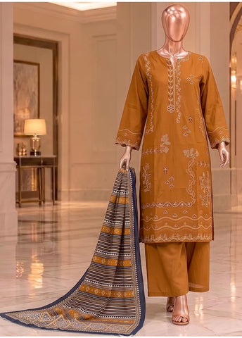 3 Piece Embroidered Stitched Merigold Orange Color Khaddar Shirt with Trouser & Dupatta