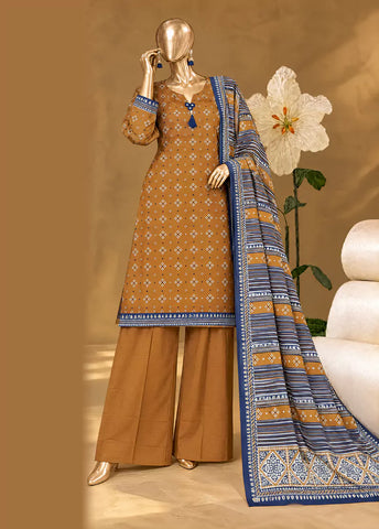 3 Piece Printed Stitched Merigold Orange Color Khaddar Shirt with Trouser & Dupatta