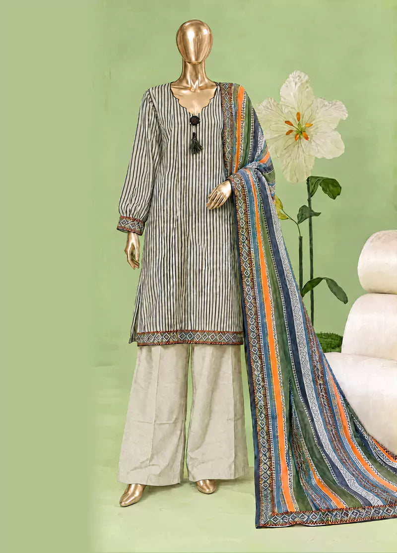 3 Piece Printed Stitched Black & Off White Color Khaddar Shirt with Trouser & Dupatta