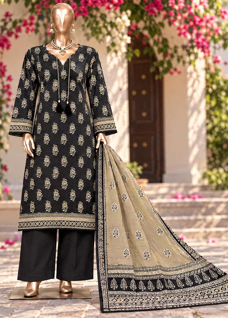 3 Piece Printed Stitched Black Color Khaddar Shirt with Trouser & Dupatta
