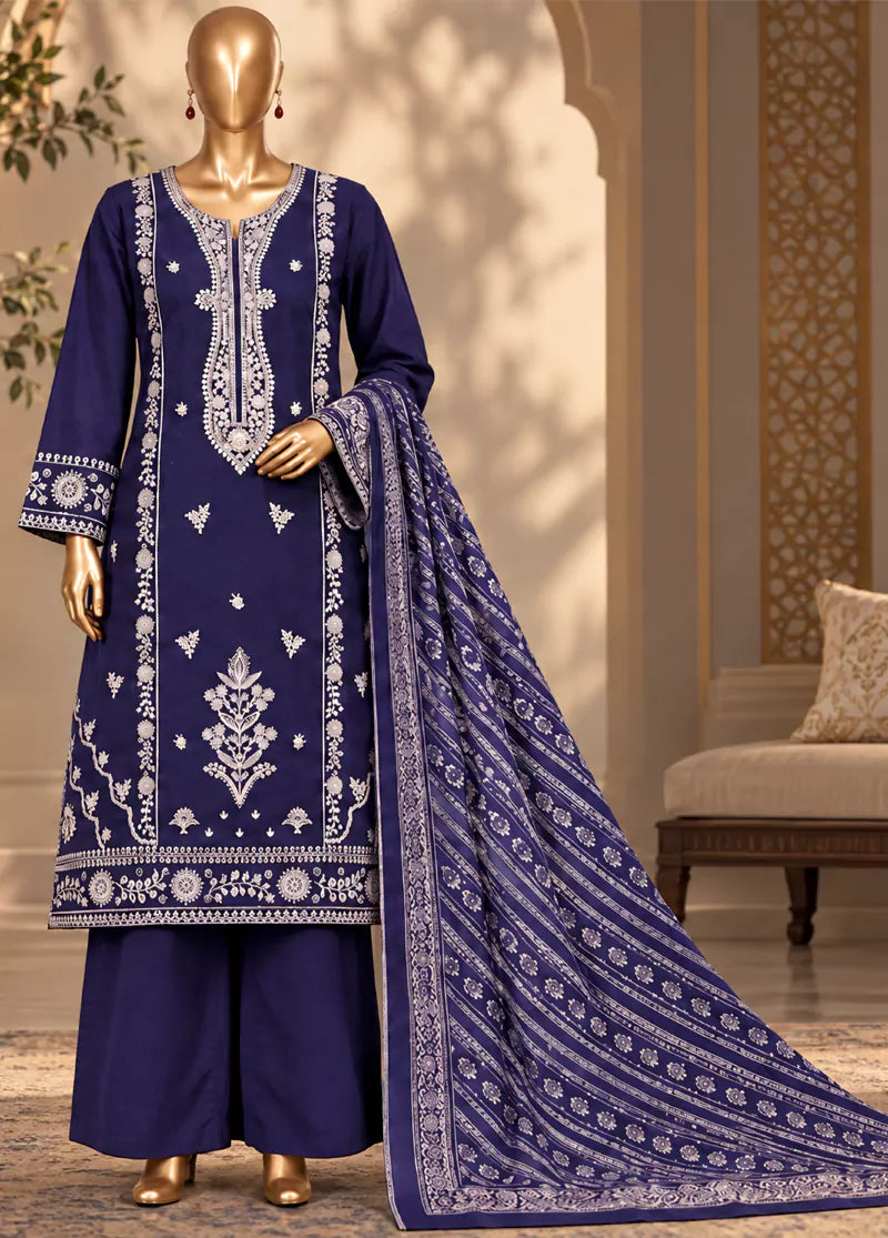 3 Piece Embroidered Stitched Ink Blue Color Khaddar Shirt with Trouser & Dupatta