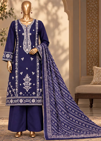 3 Piece Embroidered Stitched Ink Blue Color Khaddar Shirt with Trouser & Dupatta