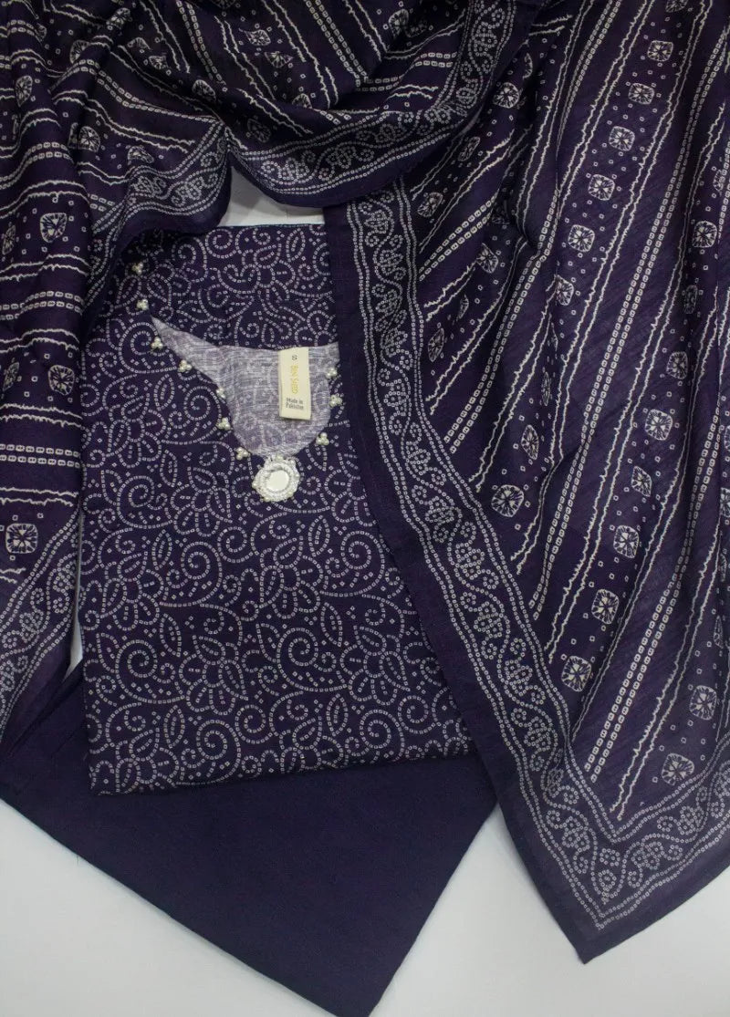 3 Piece Printed Stitched Purple Color Khaddar Shirt with Trouser & Dupatta