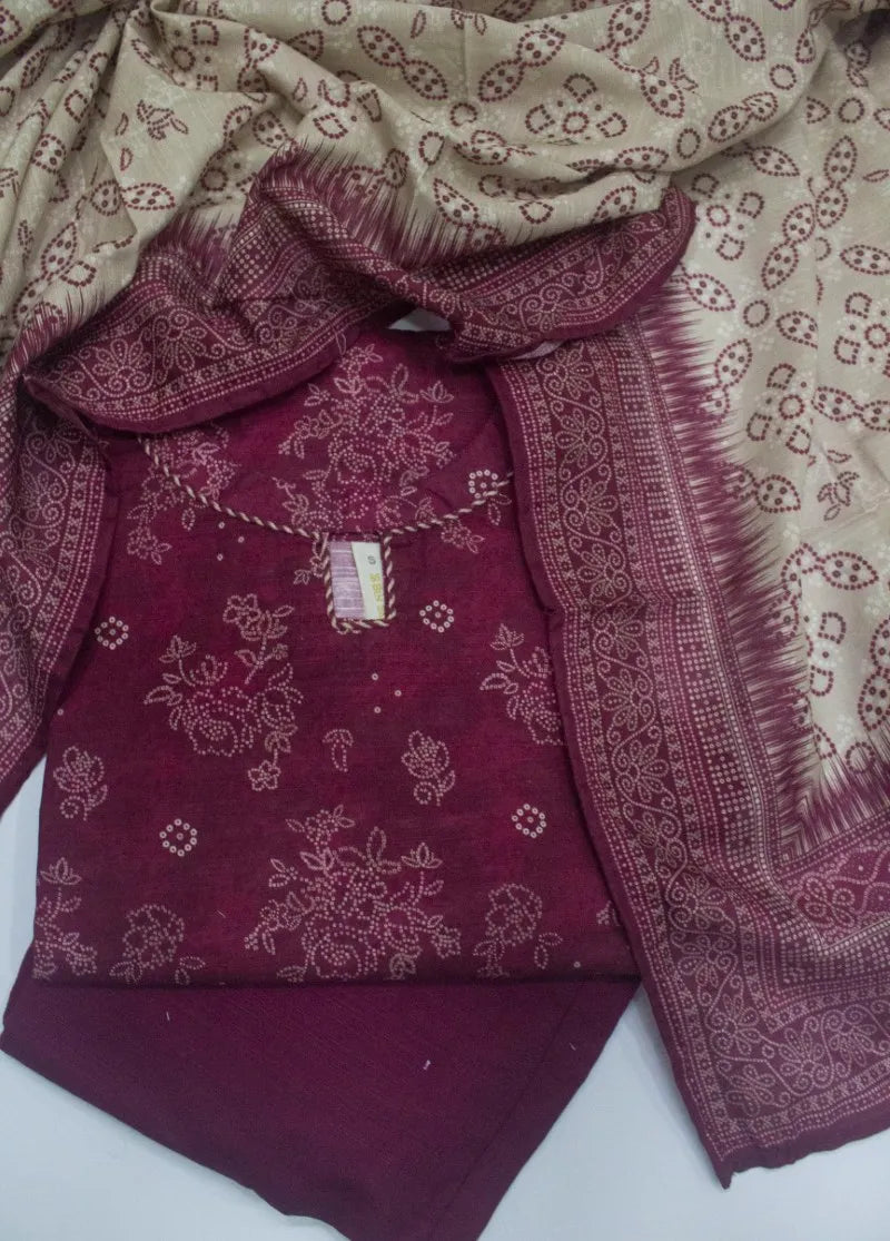 3 Piece Printed Stitched Maroon Color Khaddar Shirt with Trouser & Dupatta