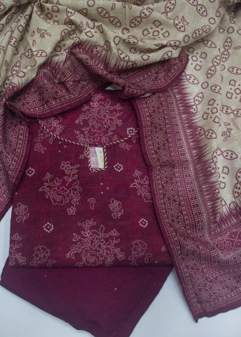 3 Piece Printed Stitched Maroon Color Khaddar Shirt with Trouser & Dupatta