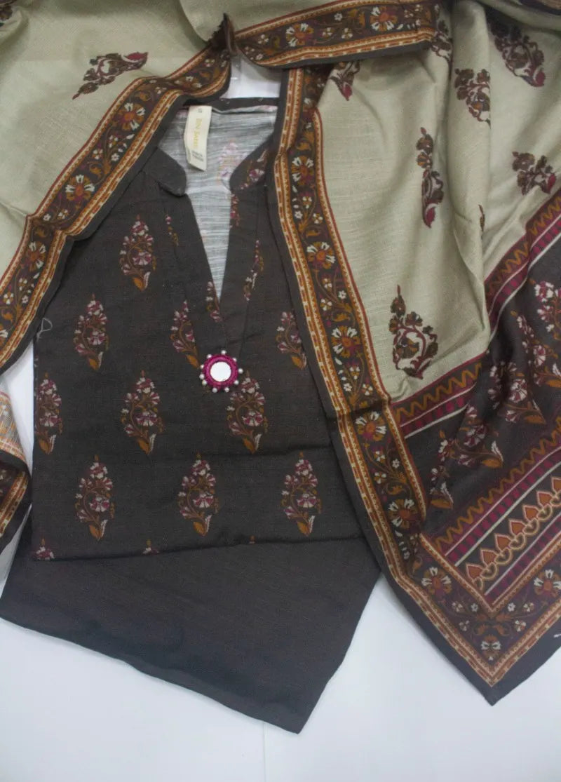 3 Piece Printed Stitched Dark Brown Color Khaddar Shirt with Trouser & Dupatta
