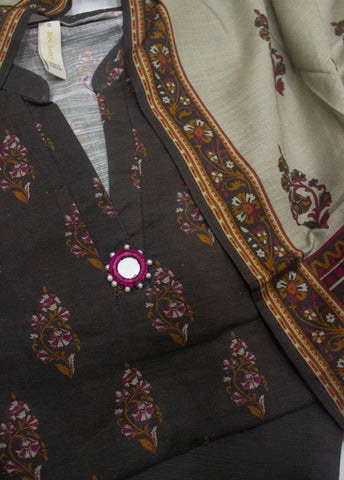 3 Piece Printed Stitched Dark Brown Color Khaddar Shirt with Trouser & Dupatta