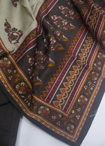3 Piece Printed Stitched Dark Brown Color Khaddar Shirt with Trouser & Dupatta