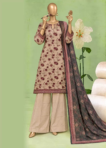 3 Piece Printed Stitched Beige Color Khaddar Shirt with Trouser & Dupatta