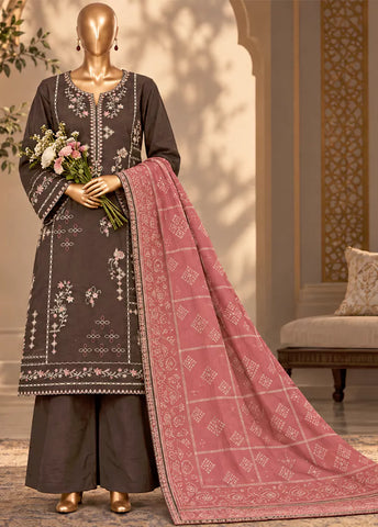 3 Piece Embroidered Stitched Brown Color Khaddar Shirt with Trouser & Dupatta