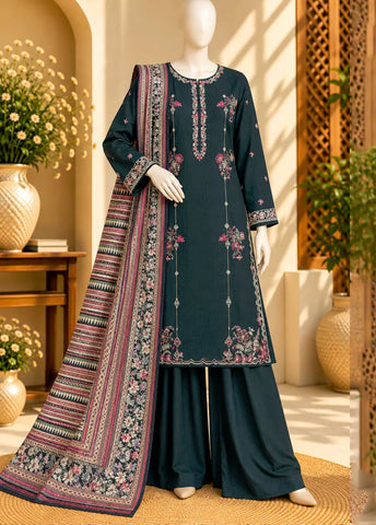 3 Piece Embroidered Stitched Teal Color Khaddar Shirt with Trouser & Dupatta