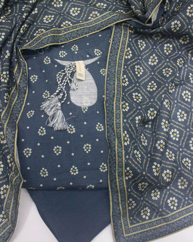 3 Piece Printed Stitched Grey Color Khaddar Shirt with Trouser & Dupatta