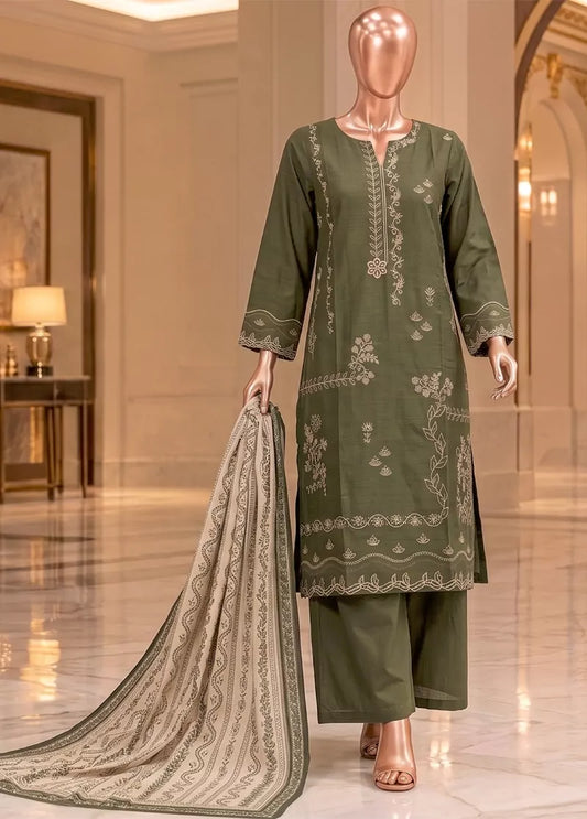 3 Piece Embroidered Stitched Olive Green Color Khaddar Shirt with Trouser & Dupatta