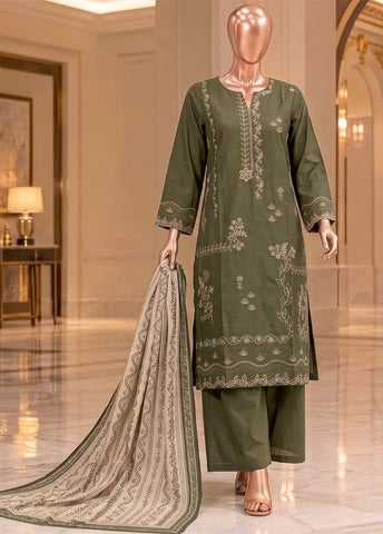 3 Piece Embroidered Stitched Olive Green Color Khaddar Shirt with Trouser & Dupatta