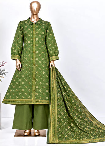 3 Piece Printed Stitched Green Color Khaddar Frock with Trouser & Dupatta