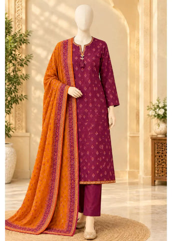 3 Piece Printed Stitched Maroon Color Khaddar Shirt with Trouser & Dupatta