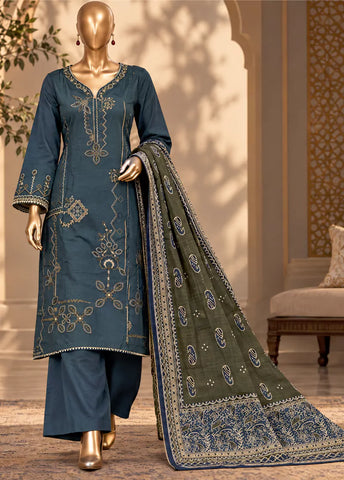 3 Piece Embroidered Stitched Teal Color Khaddar Shirt with Trouser & Dupatta