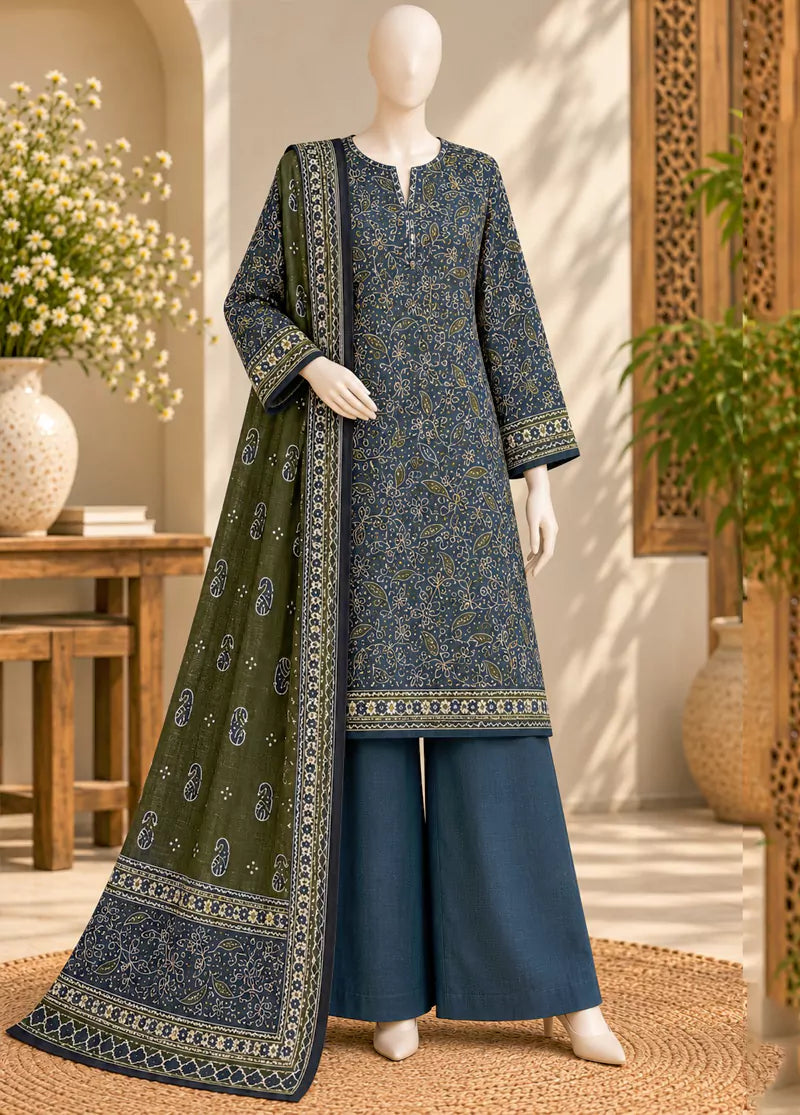 3 Piece Printed Stitched Teal Color Khaddar Shirt with Trouser & Dupatta