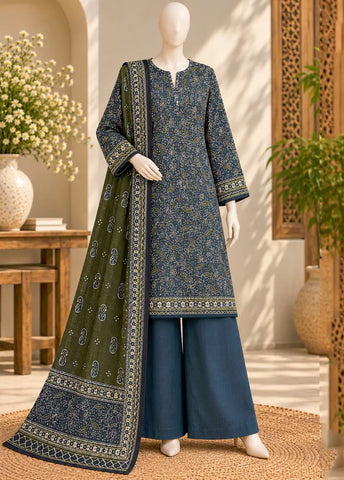 3 Piece Printed Stitched Teal Color Khaddar Shirt with Trouser & Dupatta