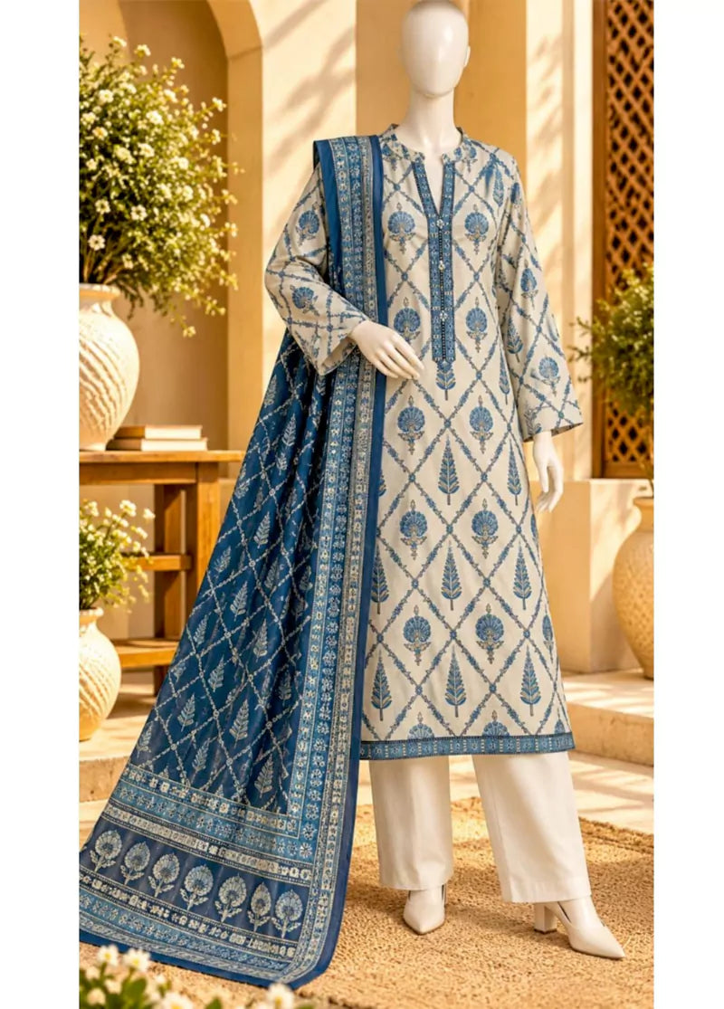 3 Piece Printed Stitched Off White Color Khaddar Shirt with Trouser & Dupatta