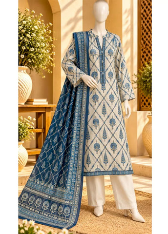 3 Piece Printed Stitched Off White Color Khaddar Shirt with Trouser & Dupatta