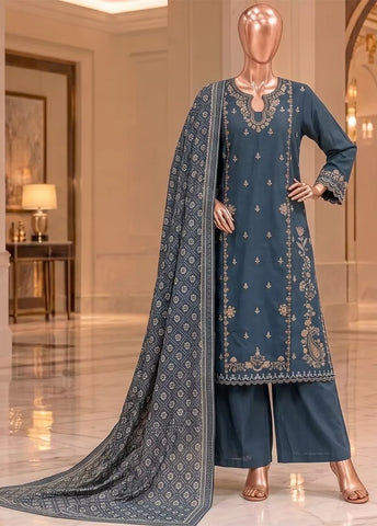 3 Piece Embroidered Stitched Blue Color Khaddar Shirt with Trouser & Dupatta