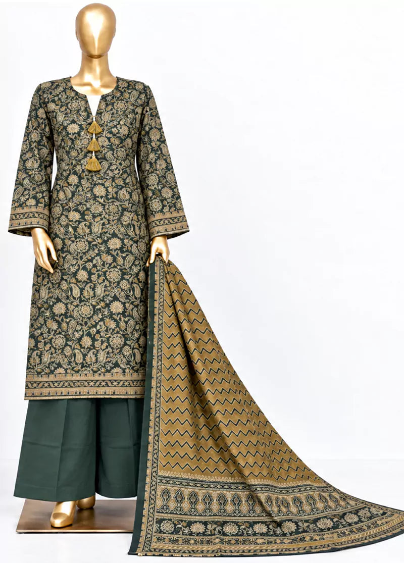 3 Piece Printed Stitched Bottle Green Color Khaddar Shirt with Trouser & Dupatta
