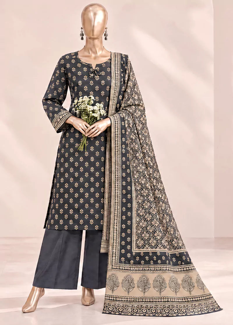 3 Piece Printed Stitched Black Color Khaddar Shirt with Trouser & Dupatta