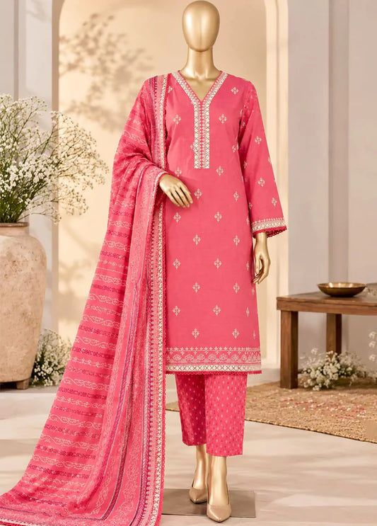 3 Piece Embroidered Stitched Punch Pink Color Khaddar Shirt with Trouser & Dupatta