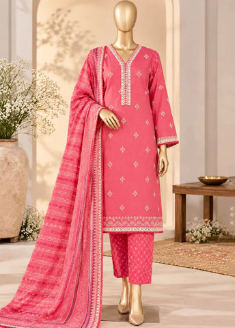 3 Piece Embroidered Stitched Punch Pink Color Khaddar Shirt with Trouser & Dupatta