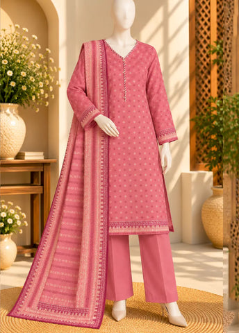 3 Piece Printed Stitched Punch Pink Color Khaddar Shirt with Trouser & Dupatta
