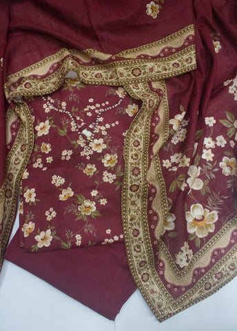 3 Piece Printed Stitched Red Color Khaddar Shirt with Trouser & Dupatta