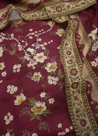 3 Piece Printed Stitched Red Color Khaddar Shirt with Trouser & Dupatta