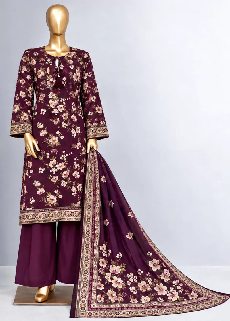 3 Piece Printed Stitched Plum Color Khaddar Shirt with Trouser & Dupatta