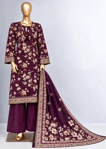 3 Piece Printed Stitched Plum Color Khaddar Shirt with Trouser & Dupatta
