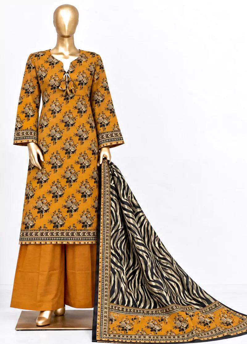 3 Piece Printed Stitched Merigold Orange Color Khaddar Shirt with Trouser & Dupatta
