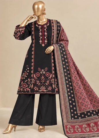 3 Piece Embroidered Stitched Black Color Khaddar Shirt with Trouser & Dupatta