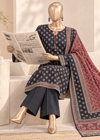 3 Piece Printed Stitched Black Color Khaddar Shirt with Trouser & Dupatta