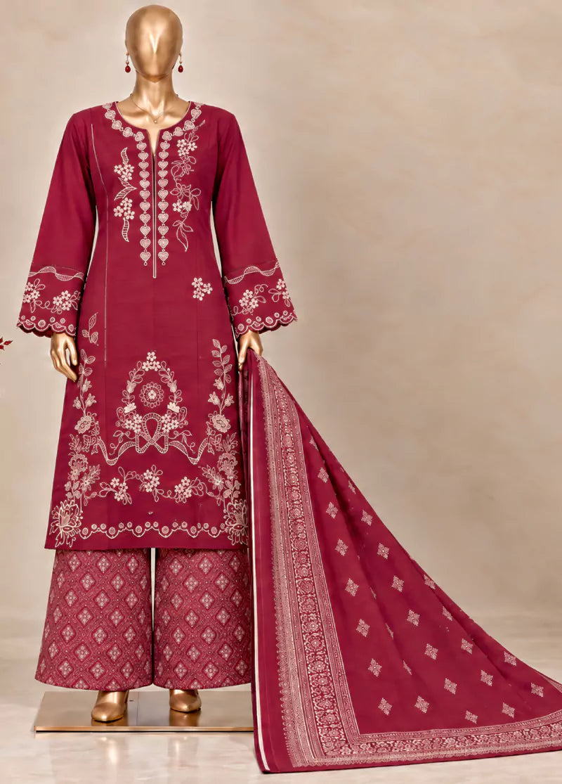 3 Piece Embroidered Stitched Red Color Khaddar Shirt with Trouser & Dupatta