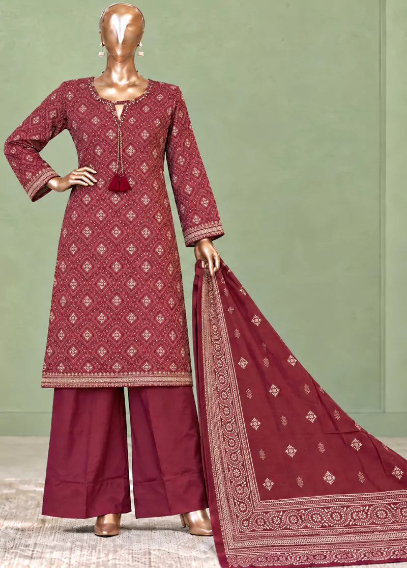 3 Piece Printed Stitched Maroon Color Khaddar Shirt with Trouser & Dupatta