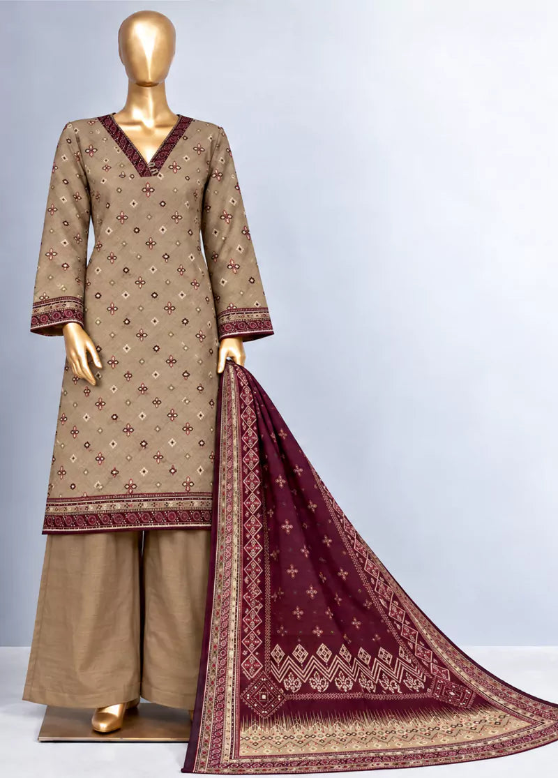 3 Piece Printed Stitched Sand Brown Color Khaddar Shirt with Trouser & Dupatta