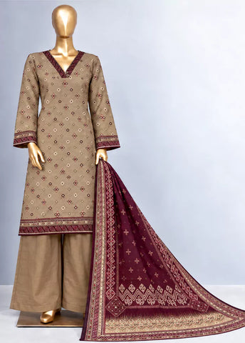 3 Piece Printed Stitched Sand Brown Color Khaddar Shirt with Trouser & Dupatta