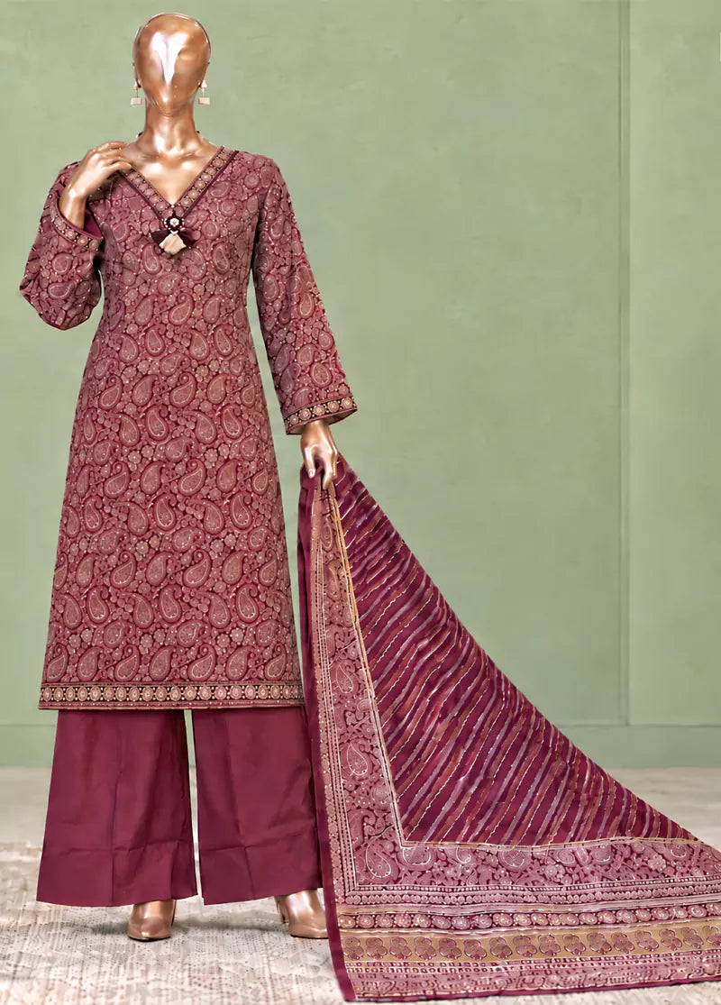 3 Piece Printed Stitched Maroon Color Khaddar Shirt with Trouser & Dupatta