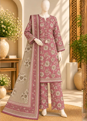 3 Piece Printed Stitched Flamingo Pink Color Khaddar Shirt with Trouser & Dupatta