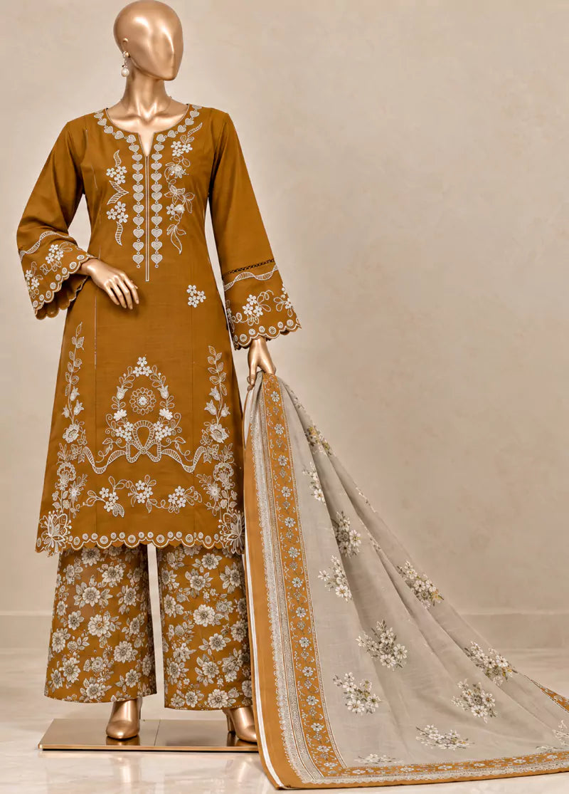 3 Piece Embroidered Stitched Mustard Color Khaddar Shirt with Trouser & Dupatta
